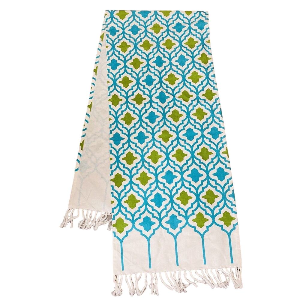 Cotton Tablecloth Runner Moroccan Style Made In India Blue Green Fringe Jabara - Picture 8 of 9
